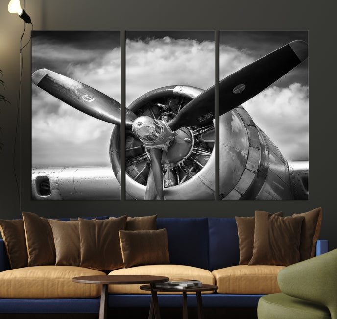 Antique War Airplane Black and White Wall Art Canvas Print