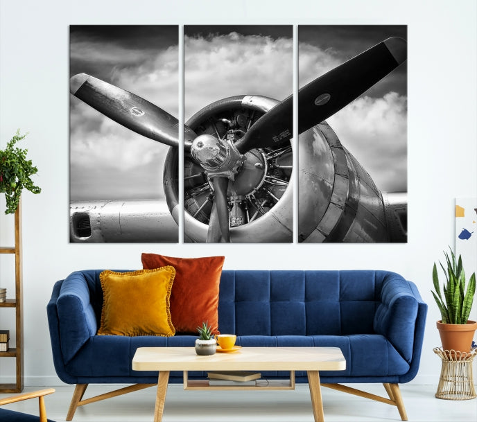 Antique War Airplane Black and White Wall Art Canvas Print