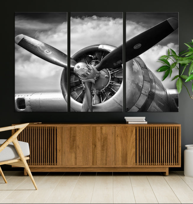 Antique War Airplane Black and White Wall Art Canvas Print