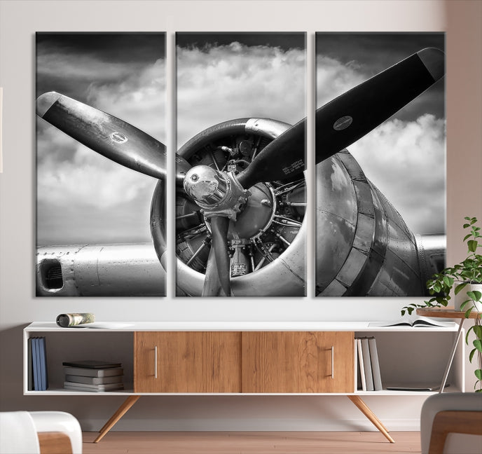 Antique War Airplane Black and White Wall Art Canvas Print