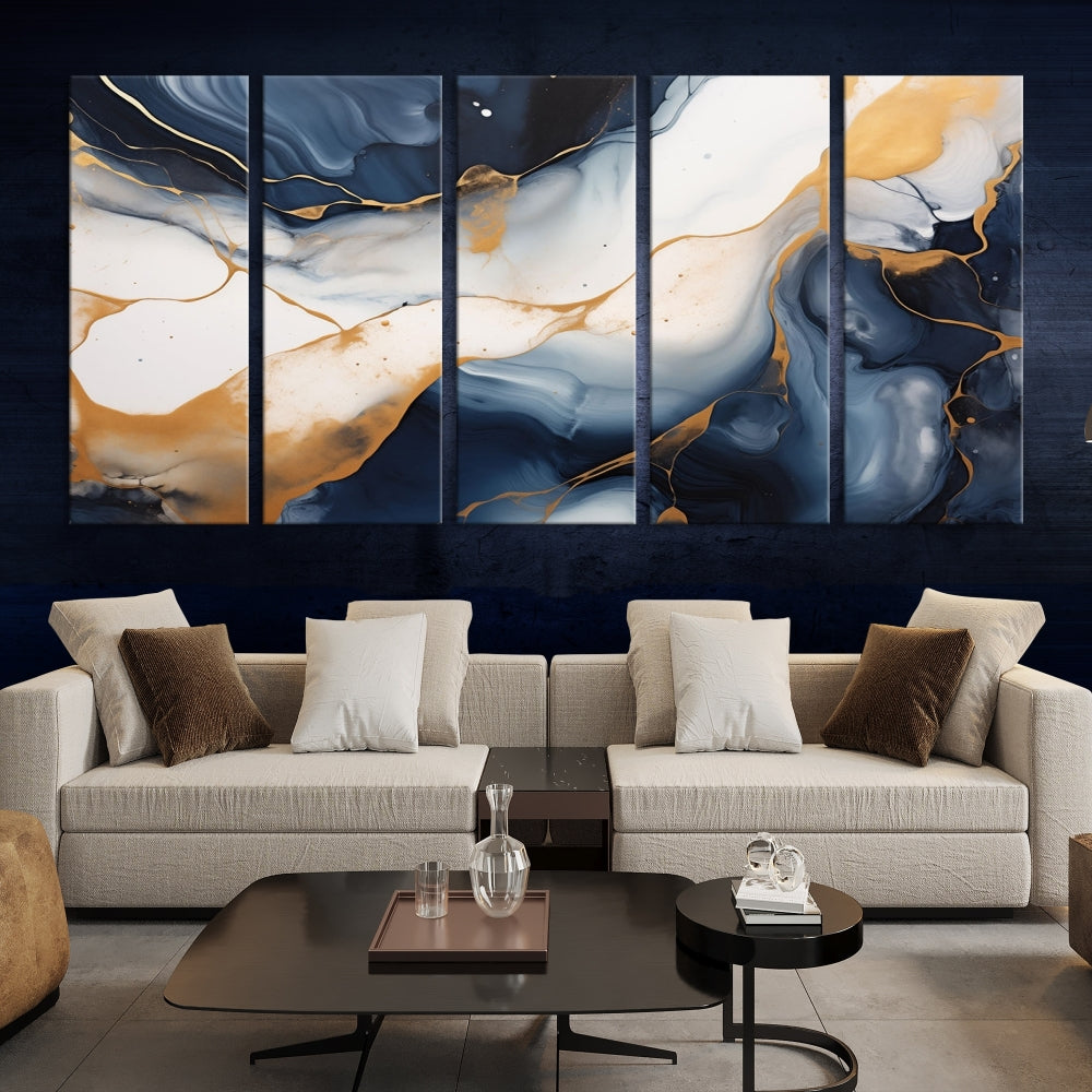 Artistic Gold Blue Canvas Painting Abstract Prin Framed Wall Art