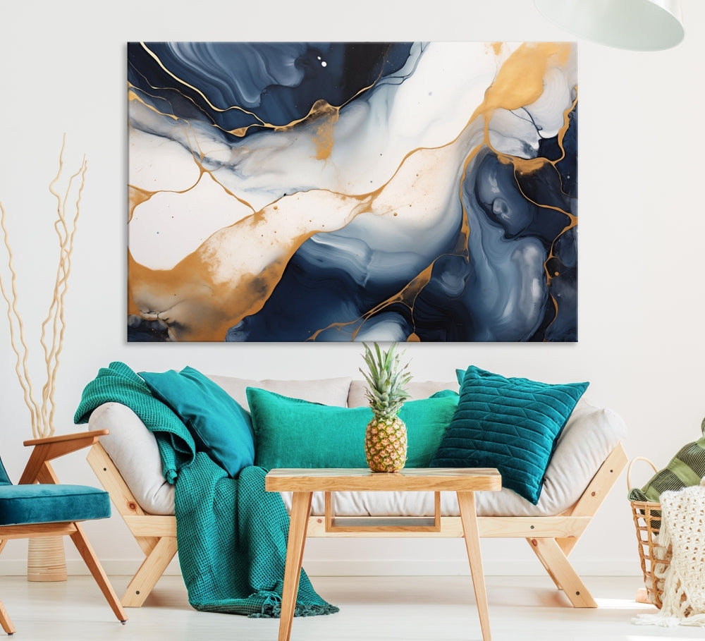 Artistic Gold Blue Canvas Painting Abstract Prin Framed Wall Art