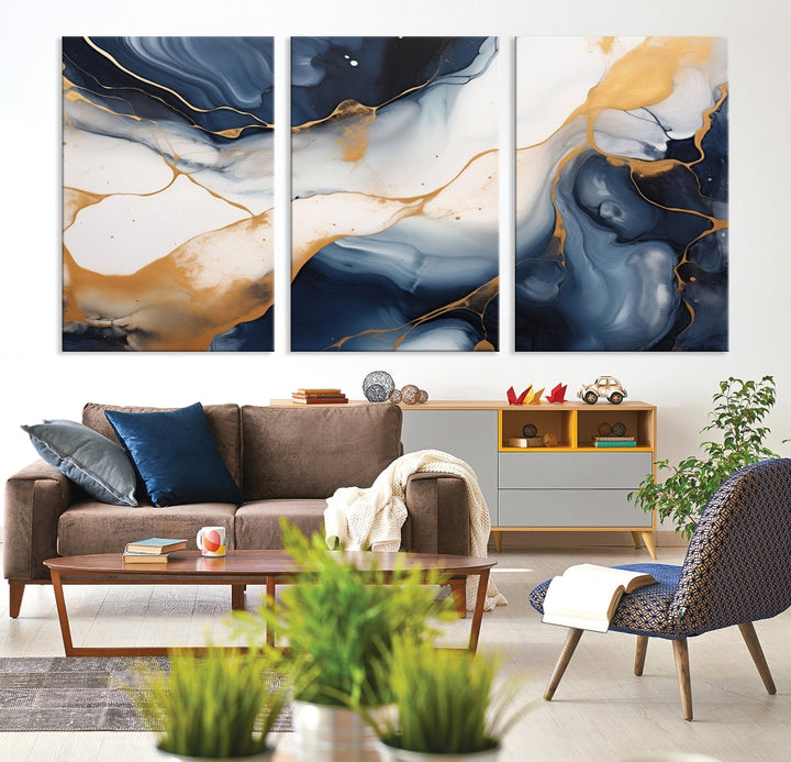 Artistic Gold Blue Canvas Painting Abstract Prin Framed Wall Art