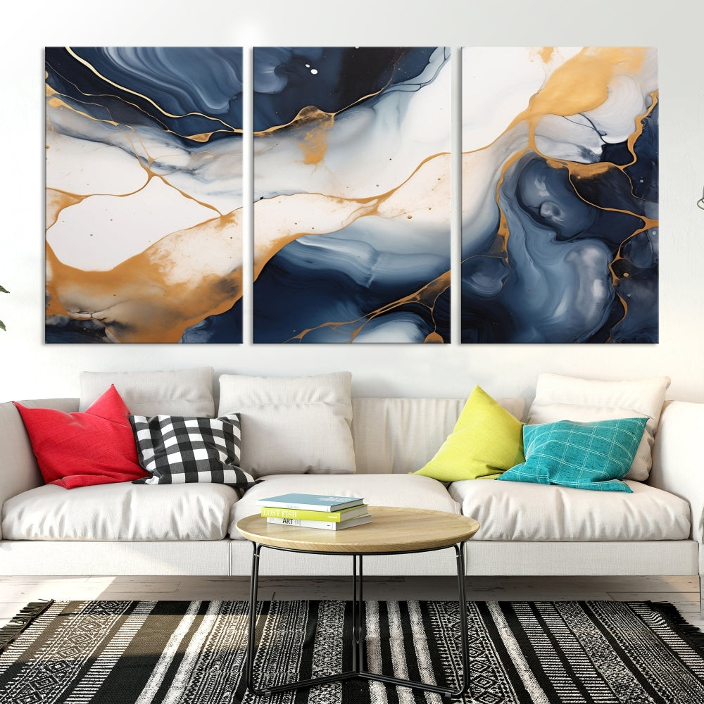 Artistic Gold Blue Canvas Painting Abstract Prin Framed Wall Art