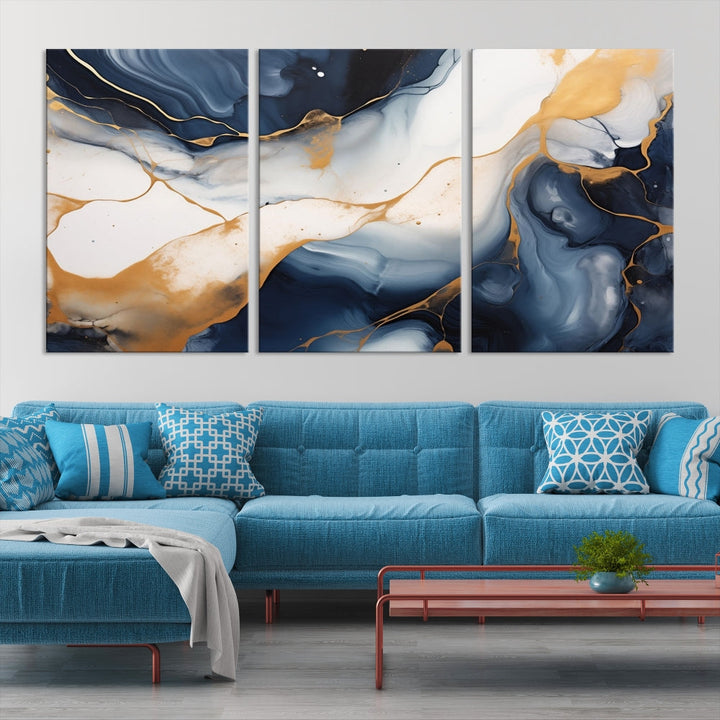 Artistic Gold Blue Canvas Painting Abstract Prin Framed Wall Art