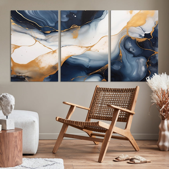 Artistic Gold Blue Canvas Painting Abstract Prin Framed Wall Art