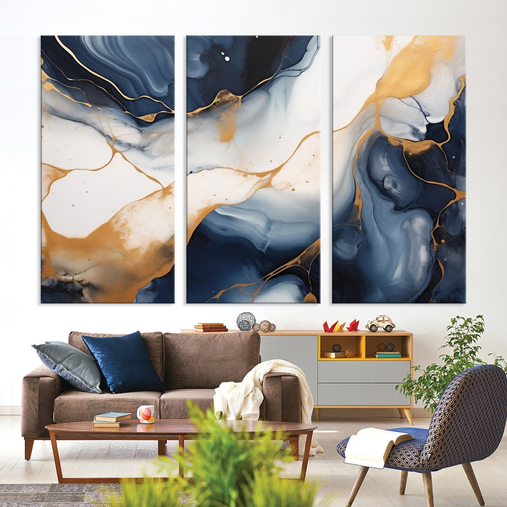 Artistic Gold Blue Canvas Painting Abstract Prin Framed Wall Art