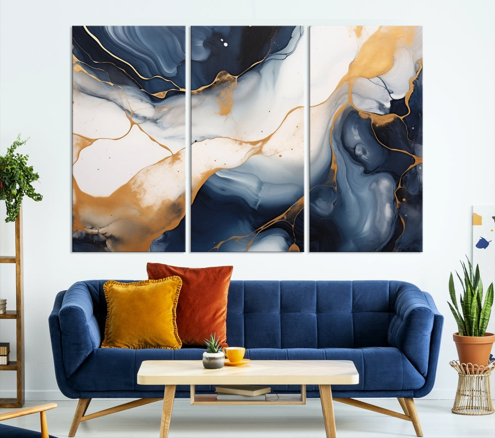 Artistic Gold Blue Canvas Painting Abstract Prin Framed Wall Art