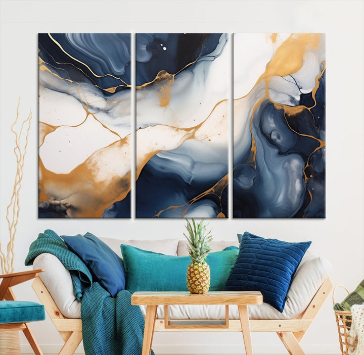 Artistic Gold Blue Canvas Painting Abstract Prin Framed Wall Art