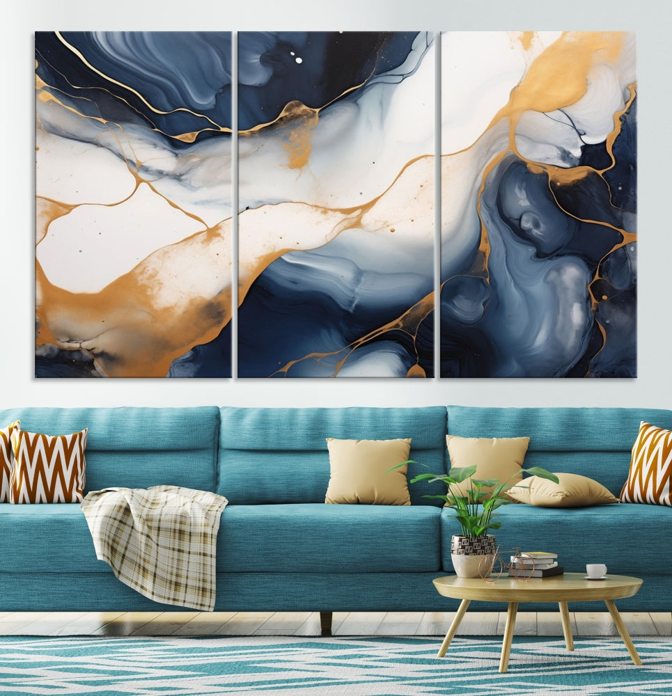 Artistic Gold Blue Canvas Painting Abstract Prin Framed Wall Art