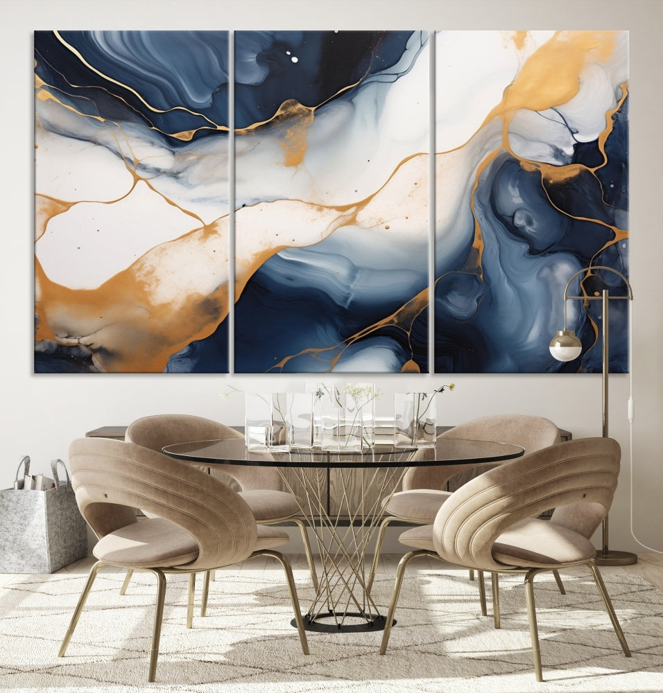 Artistic Gold Blue Canvas Painting Abstract Prin Framed Wall Art