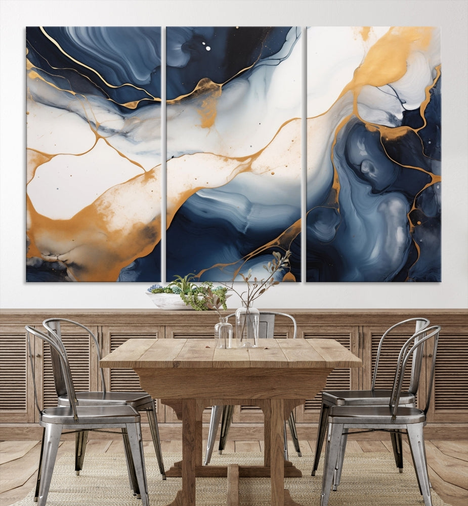 Artistic Gold Blue Canvas Painting Abstract Prin Framed Wall Art