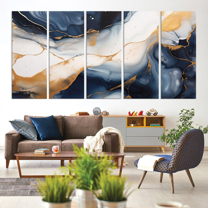 Artistic Gold Blue Canvas Painting Abstract Prin Framed Wall Art