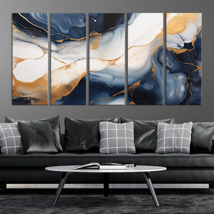 Artistic Gold Blue Canvas Painting Abstract Prin Framed Wall Art