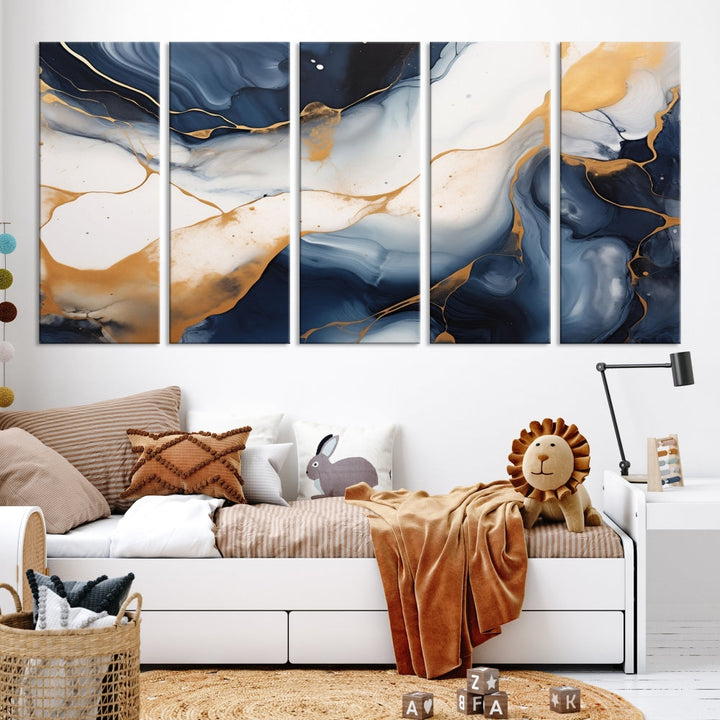 Artistic Gold Blue Canvas Painting Abstract Prin Framed Wall Art