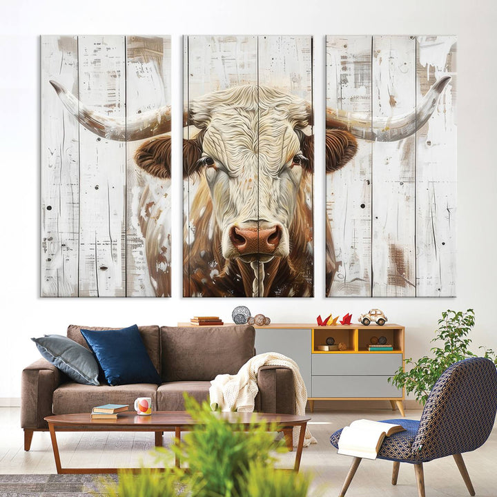 Asbtract Longhorn Bull Canvas Wall Art Print - Rustic Farmhouse Decor Featuring White Wood Background, Western Wall Art for Living Room, Ready to Hang