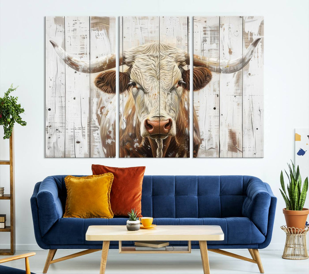 Asbtract Longhorn Bull Canvas Wall Art Print - Rustic Farmhouse Decor Featuring White Wood Background, Western Wall Art for Living Room, Ready to Hang