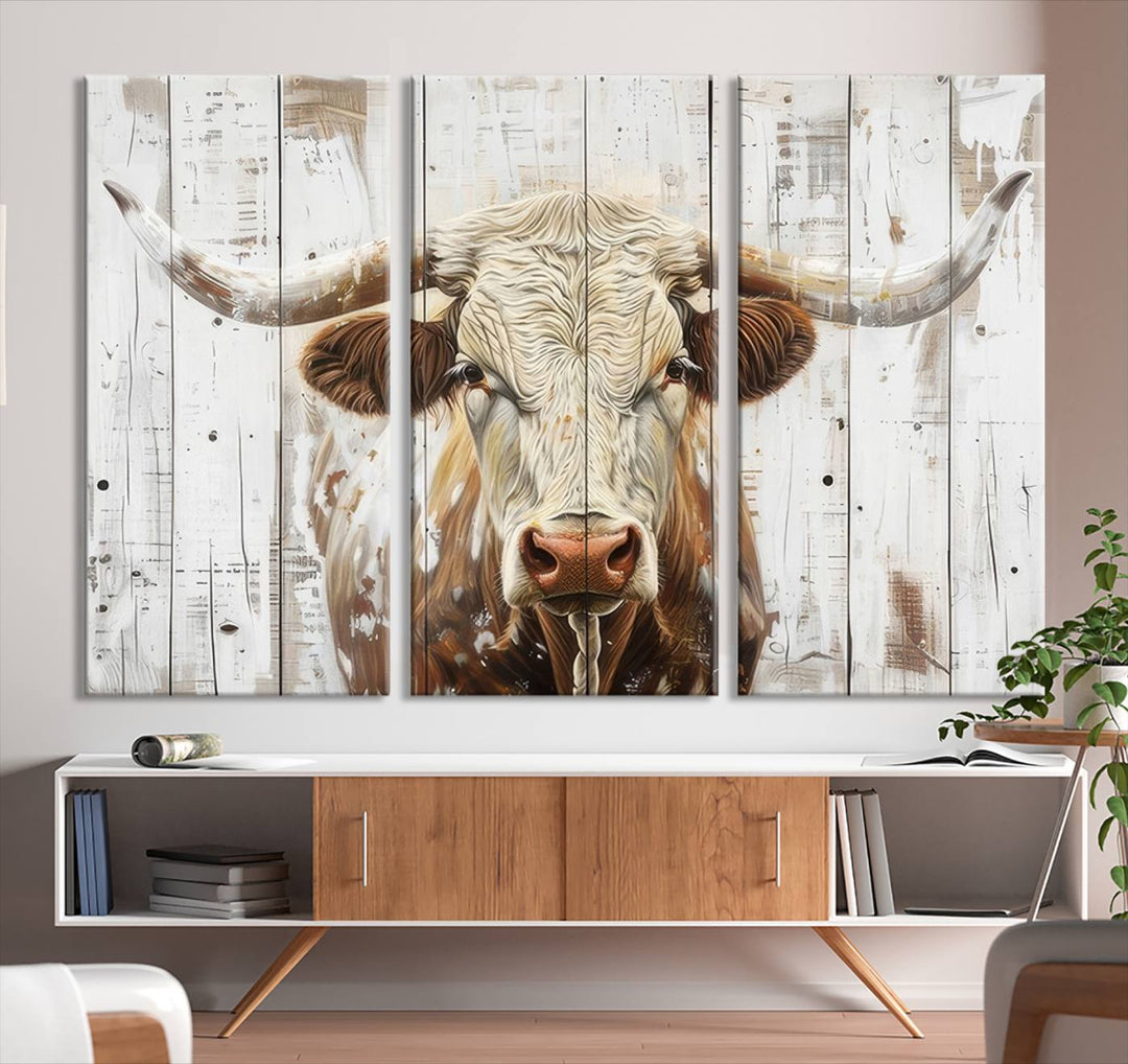 Asbtract Longhorn Bull Canvas Wall Art Print - Rustic Farmhouse Decor Featuring White Wood Background, Western Wall Art for Living Room, Ready to Hang