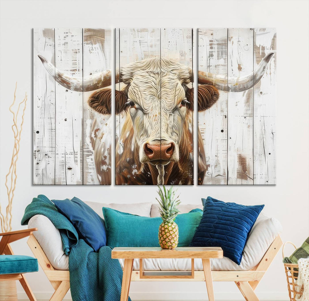 Asbtract Longhorn Bull Canvas Wall Art Print - Rustic Farmhouse Decor Featuring White Wood Background, Western Wall Art for Living Room, Ready to Hang