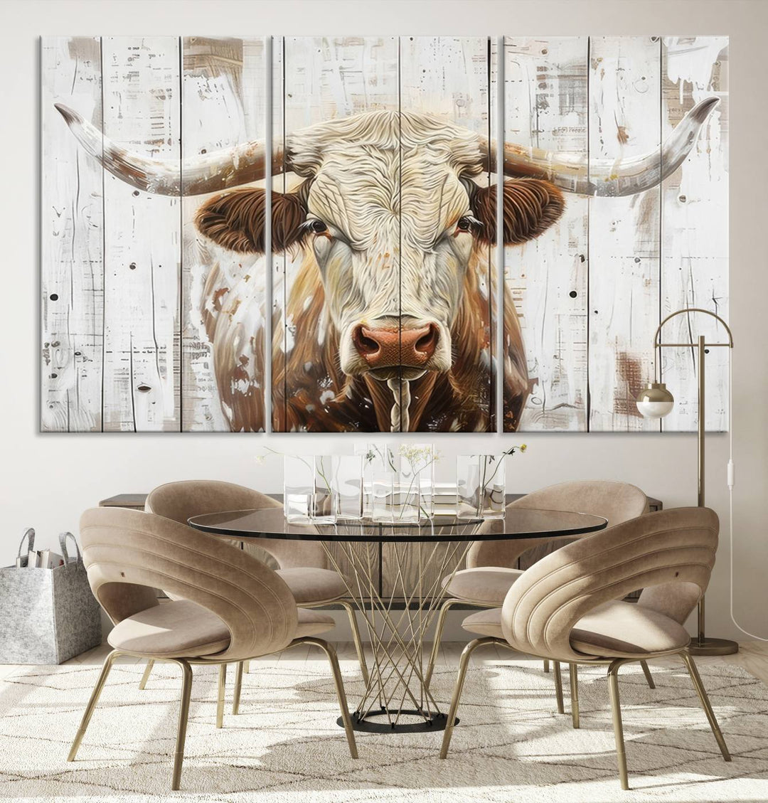 Asbtract Longhorn Bull Canvas Wall Art Print - Rustic Farmhouse Decor Featuring White Wood Background, Western Wall Art for Living Room, Ready to Hang