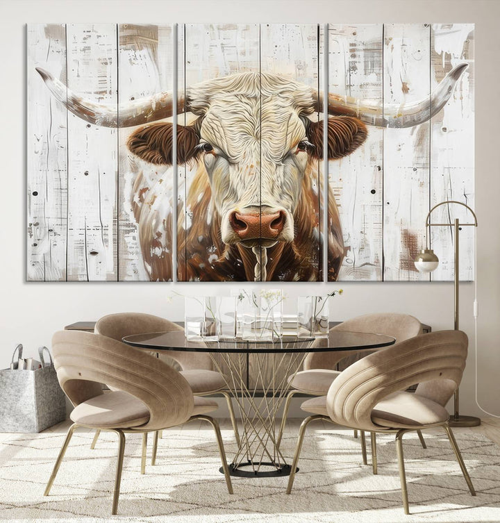 Asbtract Longhorn Bull Canvas Wall Art Print - Rustic Farmhouse Decor Featuring White Wood Background, Western Wall Art for Living Room, Ready to Hang