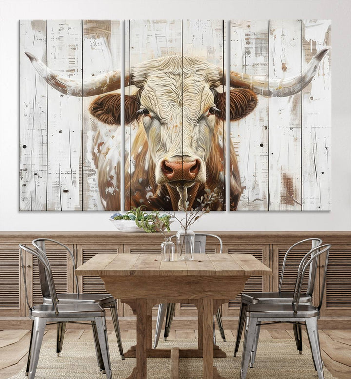 Asbtract Longhorn Bull Canvas Wall Art Print - Rustic Farmhouse Decor Featuring White Wood Background, Western Wall Art for Living Room, Ready to Hang