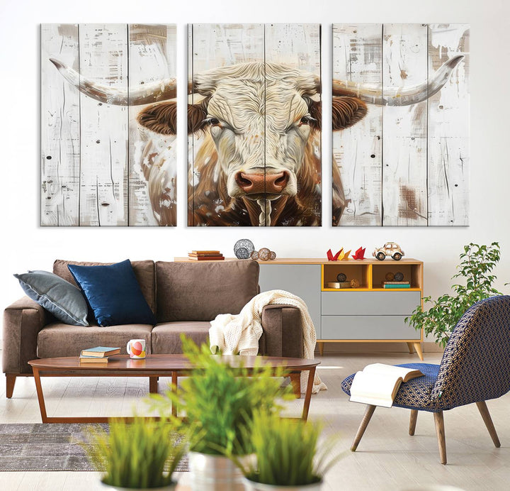 Asbtract Longhorn Bull Canvas Wall Art Print - Rustic Farmhouse Decor Featuring White Wood Background, Western Wall Art for Living Room, Ready to Hang