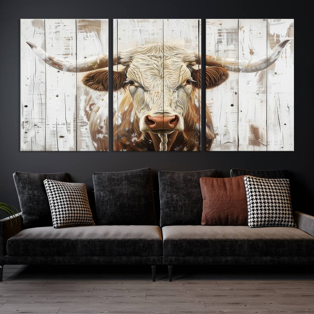 Asbtract Longhorn Bull Canvas Wall Art Print - Rustic Farmhouse Decor Featuring White Wood Background, Western Wall Art for Living Room, Ready to Hang