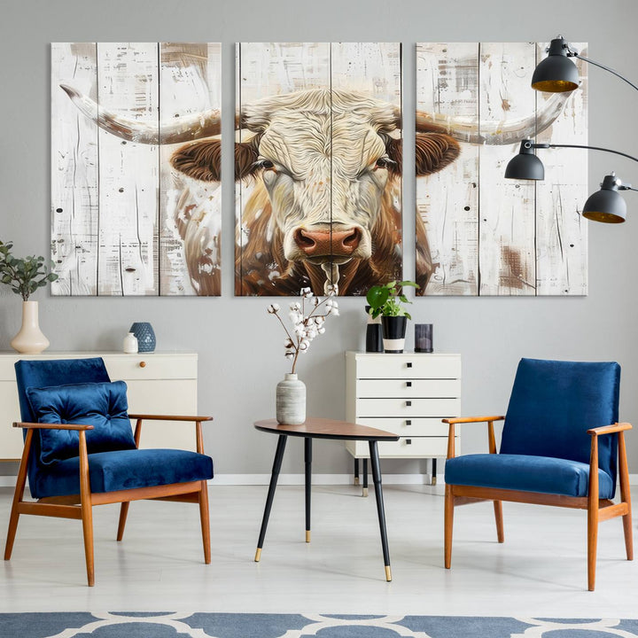 Asbtract Longhorn Bull Canvas Wall Art Print - Rustic Farmhouse Decor Featuring White Wood Background, Western Wall Art for Living Room, Ready to Hang