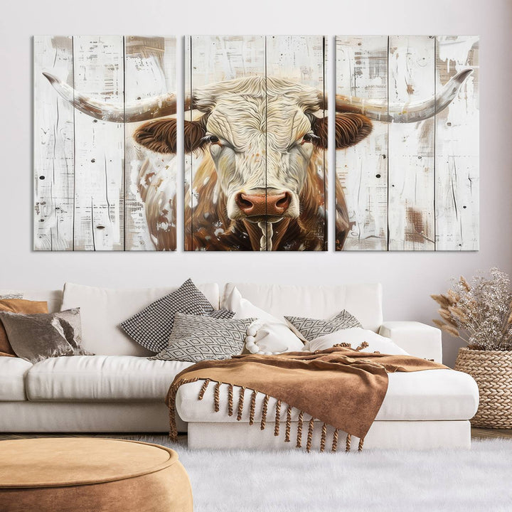 Asbtract Longhorn Bull Canvas Wall Art Print - Rustic Farmhouse Decor Featuring White Wood Background, Western Wall Art for Living Room, Ready to Hang