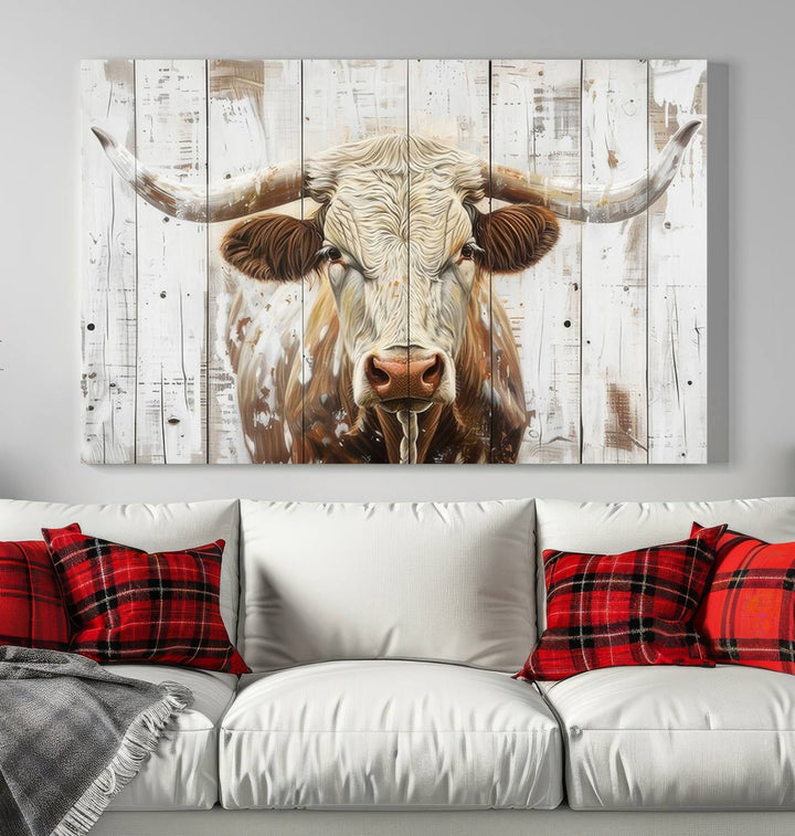 Asbtract Longhorn Bull Canvas Wall Art Print - Rustic Farmhouse Decor Featuring White Wood Background, Western Wall Art for Living Room, Ready to Hang