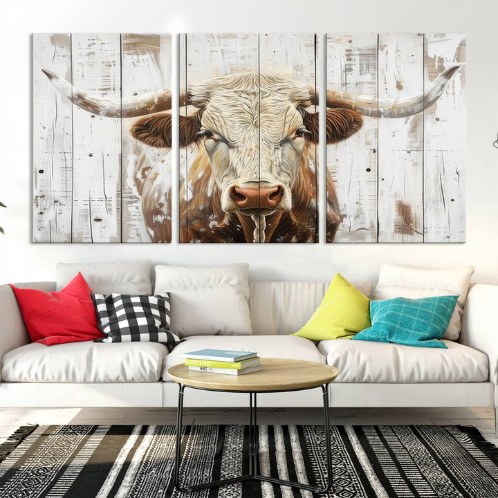 Asbtract Longhorn Bull Canvas Wall Art Print - Rustic Farmhouse Decor Featuring White Wood Background, Western Wall Art for Living Room, Ready to Hang