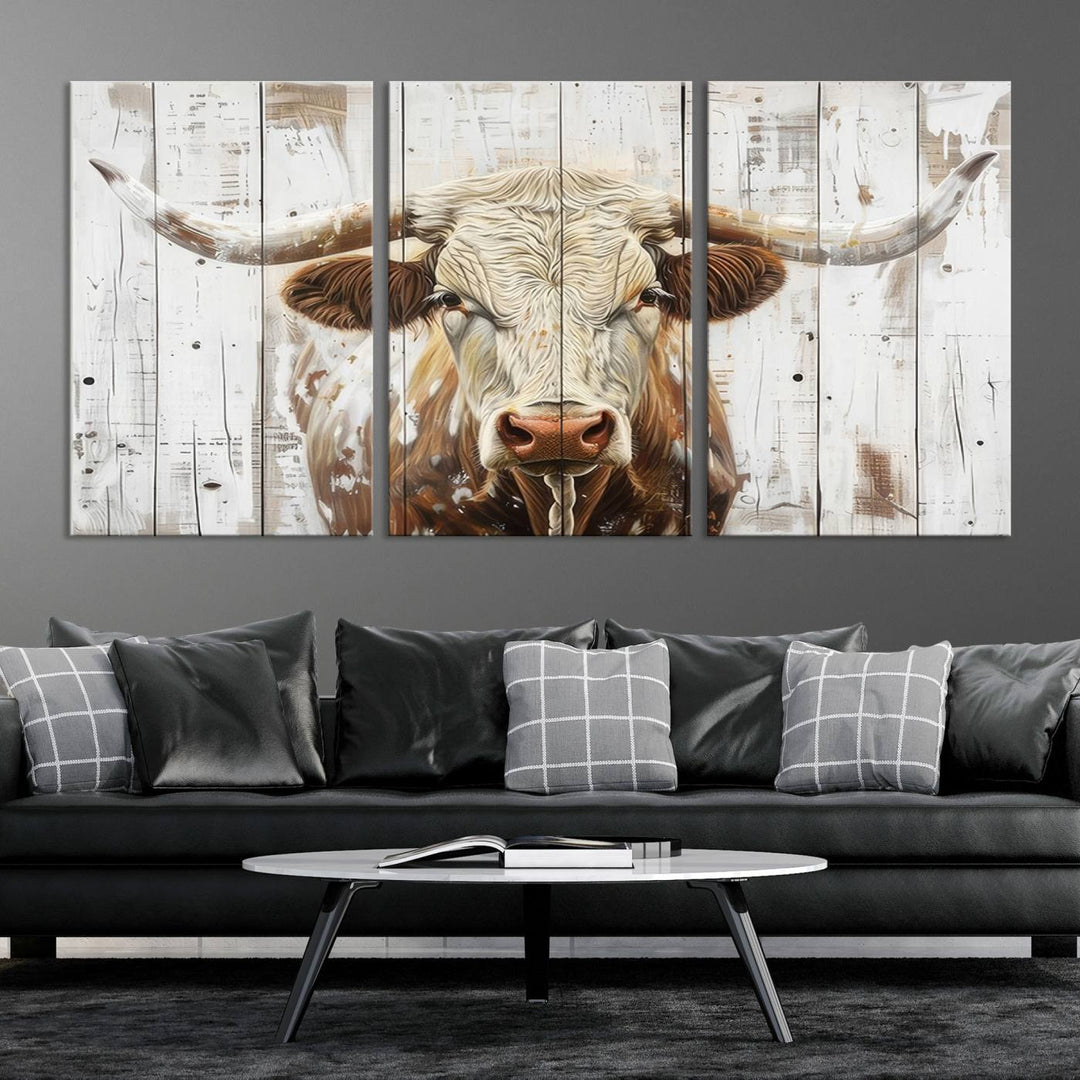 Asbtract Longhorn Bull Canvas Wall Art Print - Rustic Farmhouse Decor Featuring White Wood Background, Western Wall Art for Living Room, Ready to Hang