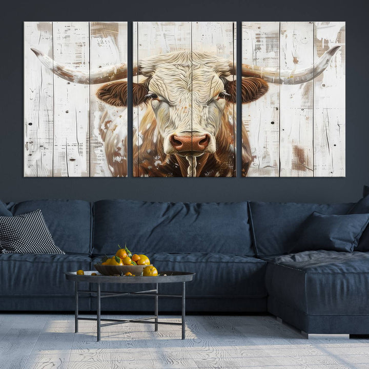 Asbtract Longhorn Bull Canvas Wall Art Print - Rustic Farmhouse Decor Featuring White Wood Background, Western Wall Art for Living Room, Ready to Hang