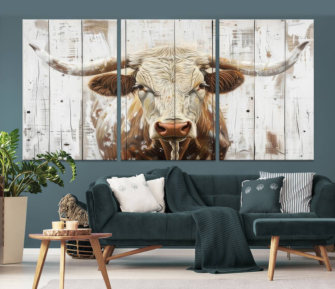 Asbtract Longhorn Bull Canvas Wall Art Print - Rustic Farmhouse Decor Featuring White Wood Background, Western Wall Art for Living Room, Ready to Hang