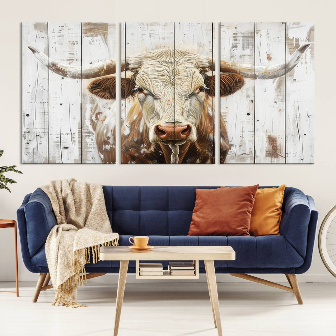 Asbtract Longhorn Bull Canvas Wall Art Print - Rustic Farmhouse Decor Featuring White Wood Background, Western Wall Art for Living Room, Ready to Hang