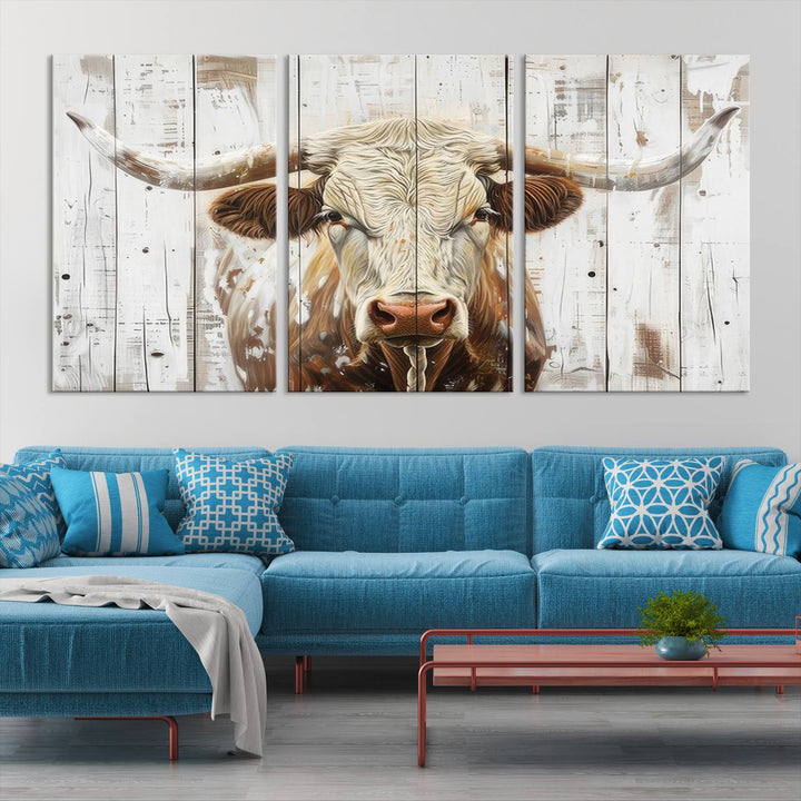 Asbtract Longhorn Bull Canvas Wall Art Print - Rustic Farmhouse Decor Featuring White Wood Background, Western Wall Art for Living Room, Ready to Hang