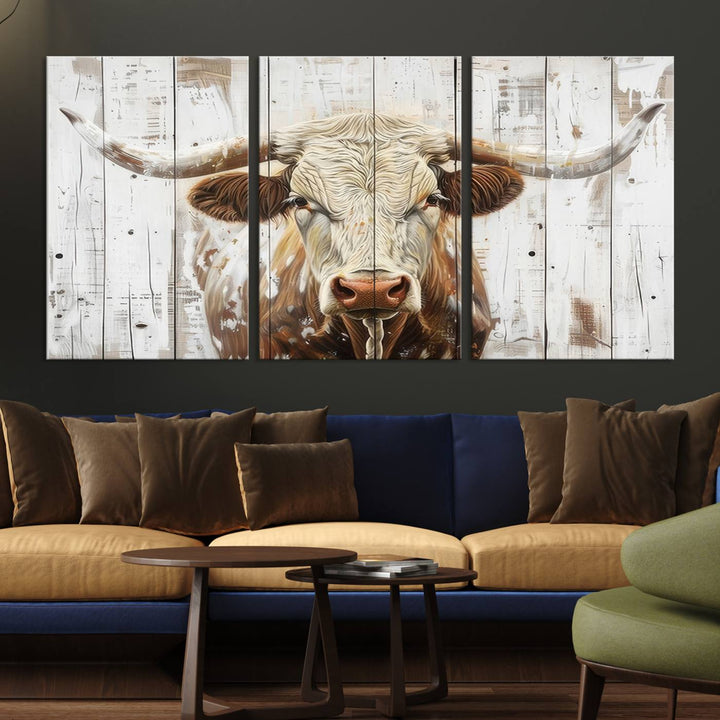 Asbtract Longhorn Bull Canvas Wall Art Print - Rustic Farmhouse Decor Featuring White Wood Background, Western Wall Art for Living Room, Ready to Hang