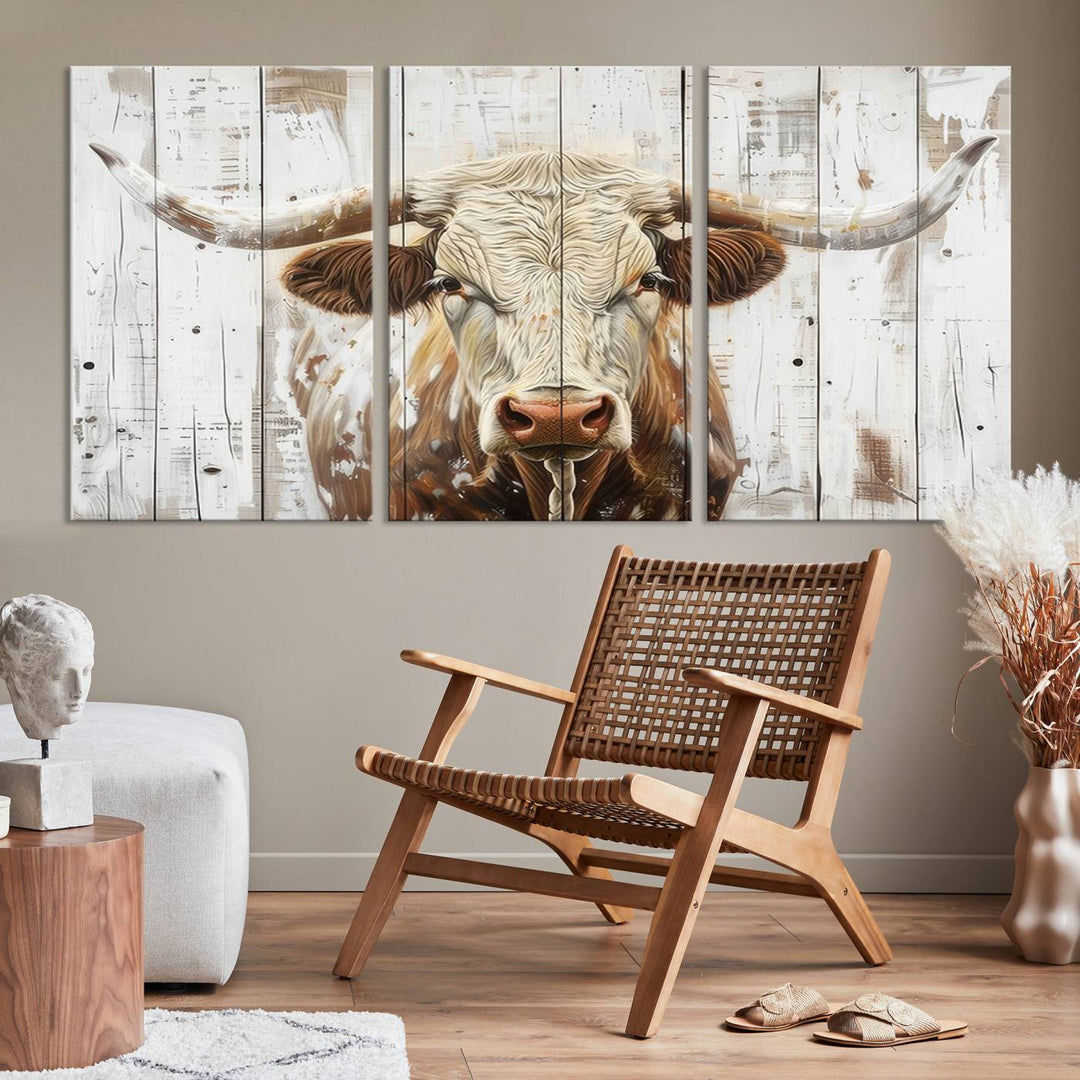 Asbtract Longhorn Bull Canvas Wall Art Print - Rustic Farmhouse Decor Featuring White Wood Background, Western Wall Art for Living Room, Ready to Hang