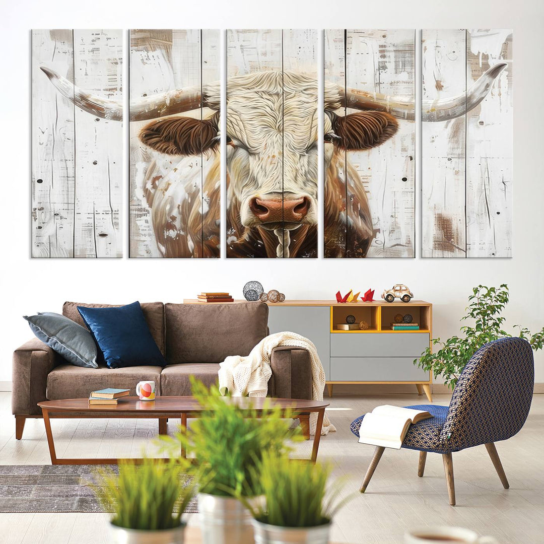 Asbtract Longhorn Bull Canvas Wall Art Print - Rustic Farmhouse Decor Featuring White Wood Background, Western Wall Art for Living Room, Ready to Hang