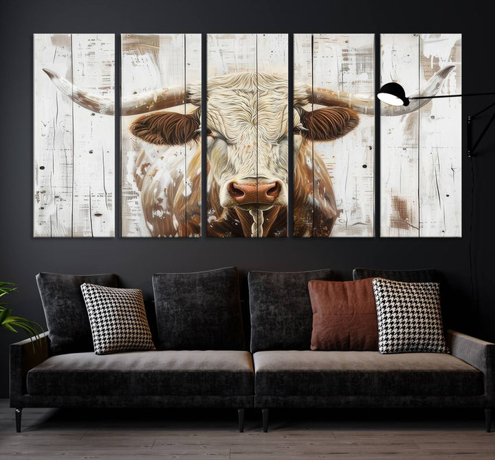 Asbtract Longhorn Bull Canvas Wall Art Print - Rustic Farmhouse Decor Featuring White Wood Background, Western Wall Art for Living Room, Ready to Hang