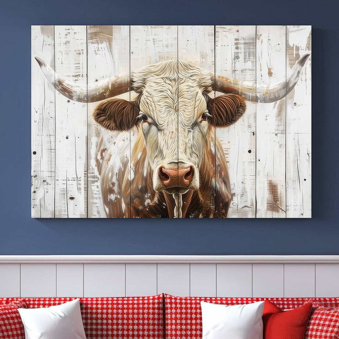 Asbtract Longhorn Bull Canvas Wall Art Print - Rustic Farmhouse Decor Featuring White Wood Background, Western Wall Art for Living Room, Ready to Hang