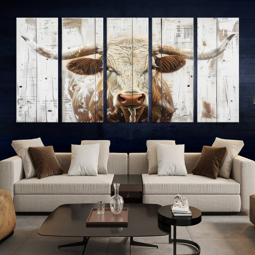 Asbtract Longhorn Bull Canvas Wall Art Print - Rustic Farmhouse Decor Featuring White Wood Background, Western Wall Art for Living Room, Ready to Hang