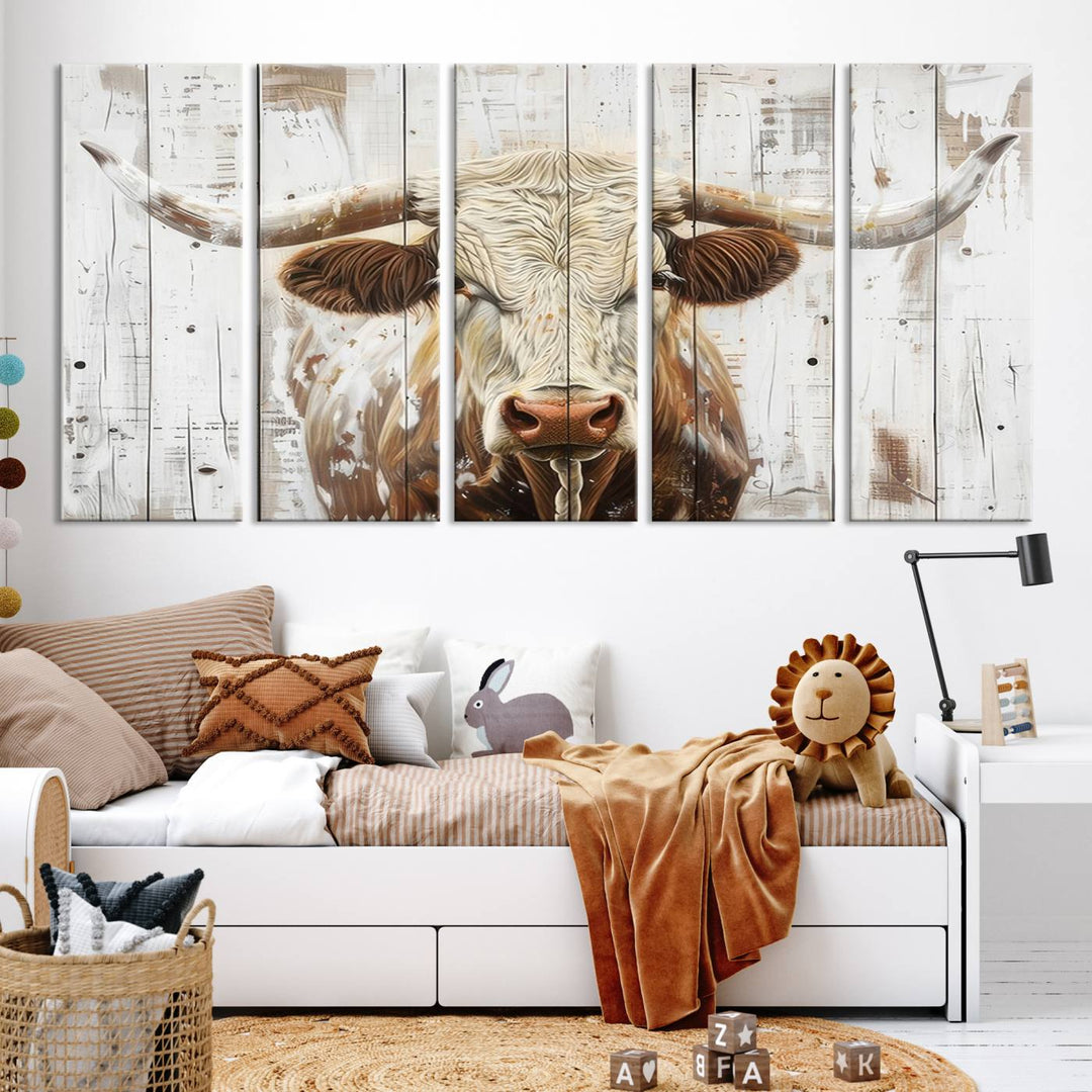 Asbtract Longhorn Bull Canvas Wall Art Print - Rustic Farmhouse Decor Featuring White Wood Background, Western Wall Art for Living Room, Ready to Hang