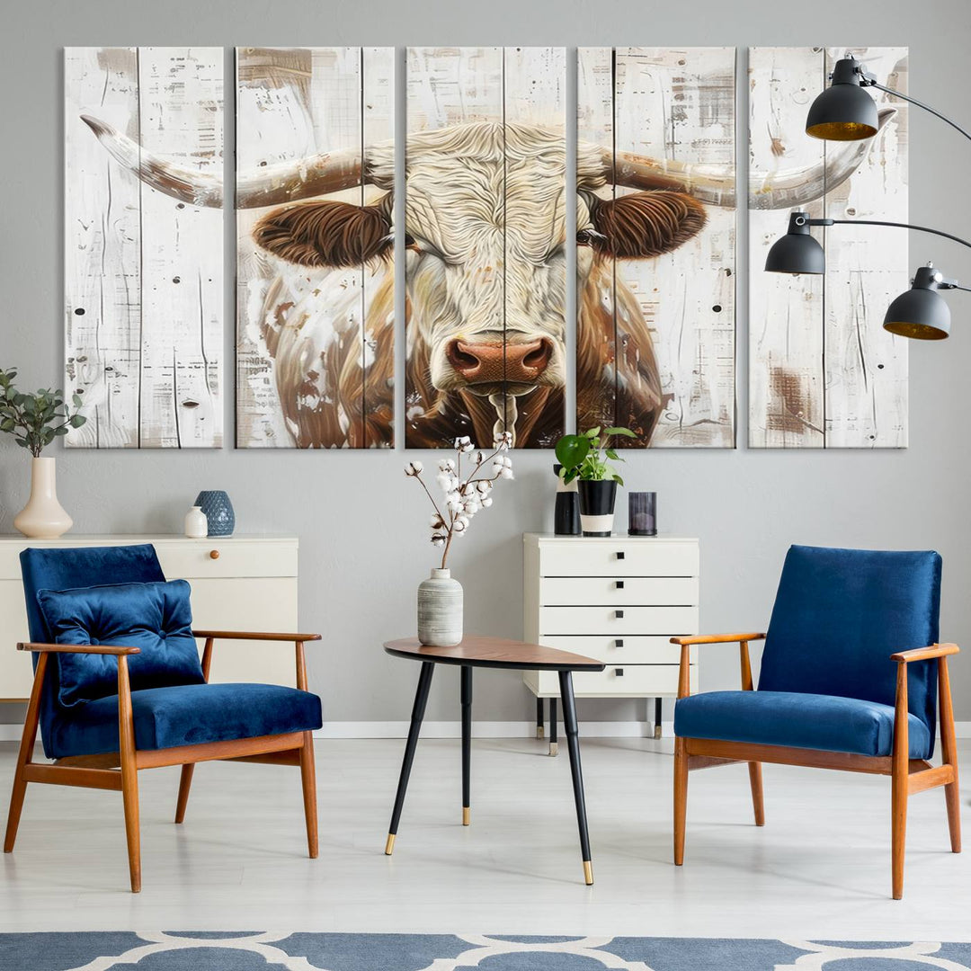 Asbtract Longhorn Bull Canvas Wall Art Print - Rustic Farmhouse Decor Featuring White Wood Background, Western Wall Art for Living Room, Ready to Hang