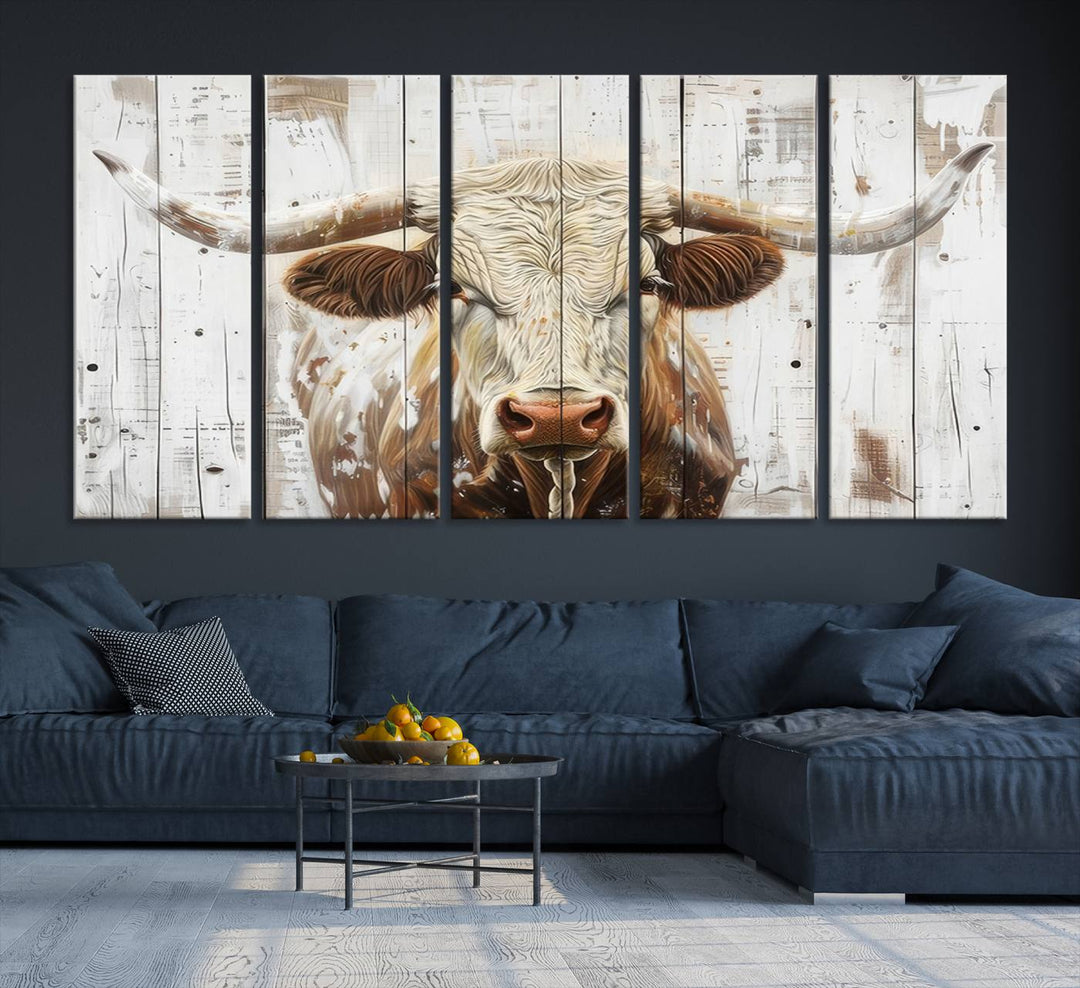 Asbtract Longhorn Bull Canvas Wall Art Print - Rustic Farmhouse Decor Featuring White Wood Background, Western Wall Art for Living Room, Ready to Hang