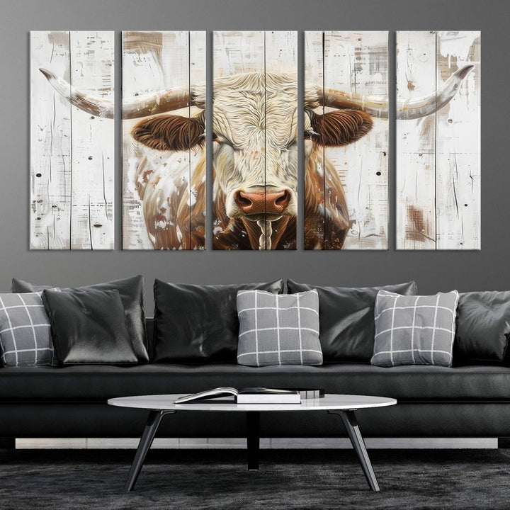 Asbtract Longhorn Bull Canvas Wall Art Print - Rustic Farmhouse Decor Featuring White Wood Background, Western Wall Art for Living Room, Ready to Hang