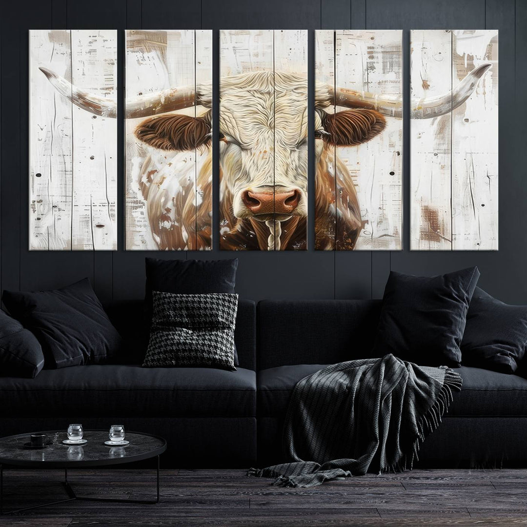 Asbtract Longhorn Bull Canvas Wall Art Print - Rustic Farmhouse Decor Featuring White Wood Background, Western Wall Art for Living Room, Ready to Hang