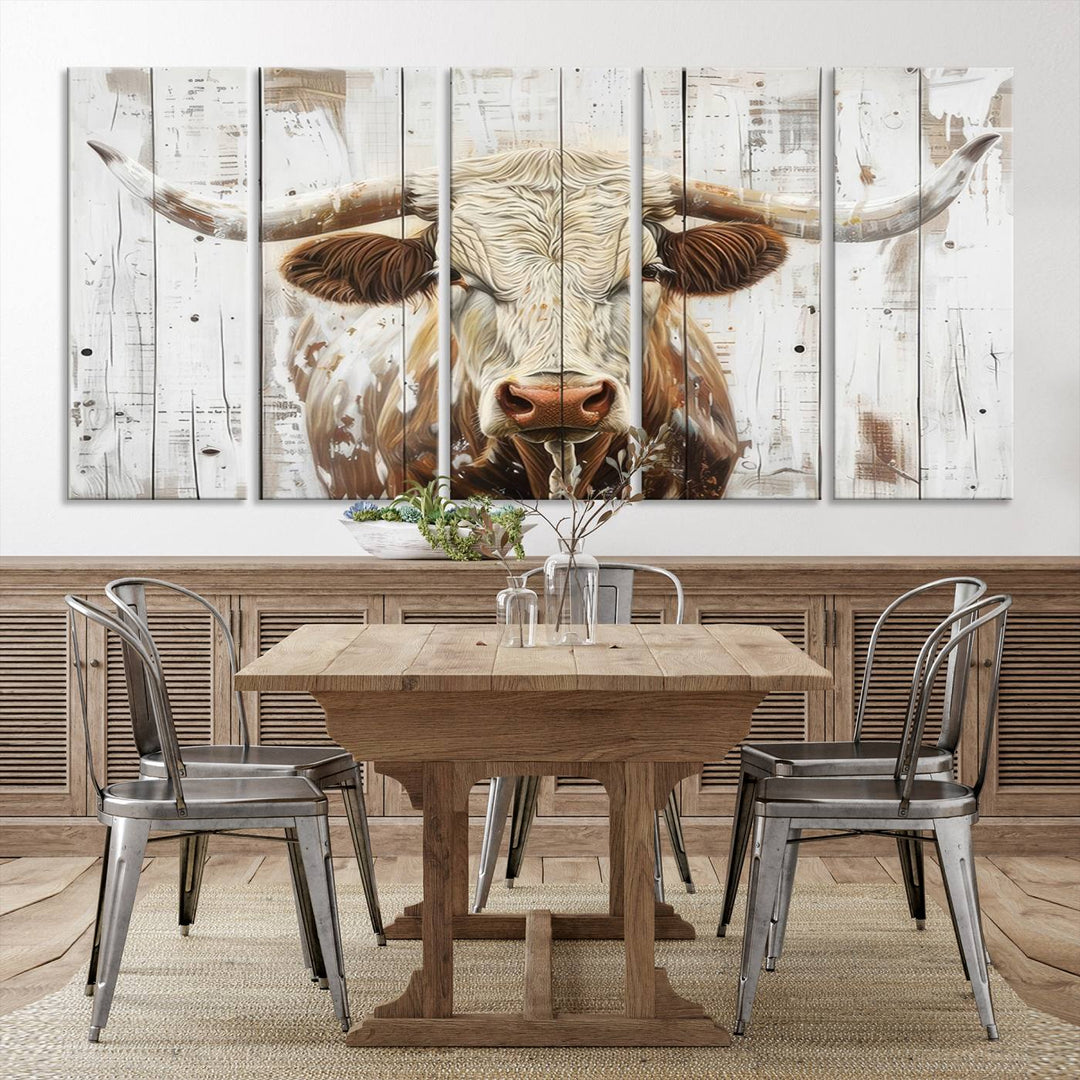 Asbtract Longhorn Bull Canvas Wall Art Print - Rustic Farmhouse Decor Featuring White Wood Background, Western Wall Art for Living Room, Ready to Hang