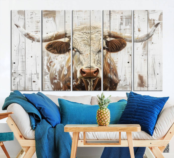 Asbtract Longhorn Bull Canvas Wall Art Print - Rustic Farmhouse Decor Featuring White Wood Background, Western Wall Art for Living Room, Ready to Hang